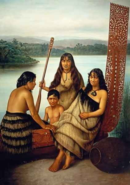 Three Maori girls and a boy sitting on a large carved Maori canoe by a lake 1899 Oil Painting by Gottfried Lindauer