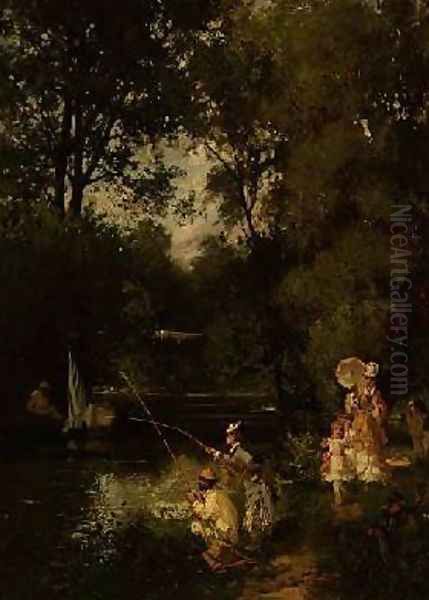 A Sunday Afternoon Fishing Oil Painting by K. Linden