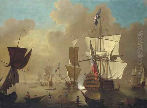 A first rate man-o'war, firing a salute from her position within an offshore anchorage Oil Painting by Thomas Leemans