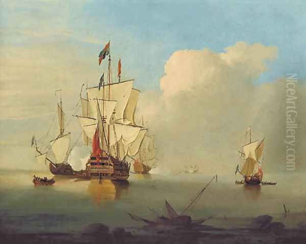 A first rate ship firing a signal gun Oil Painting by Thomas Leemans