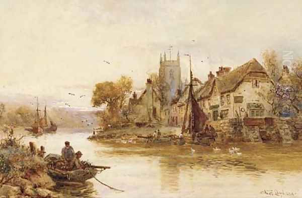 Moored fishing vessels before a village at sunset Oil Painting by Walker Stuart Lloyd