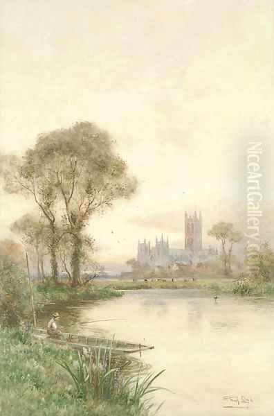 An angler fishing on the Stour before Canterbury Cathedral Oil Painting by Walker Stuart Lloyd