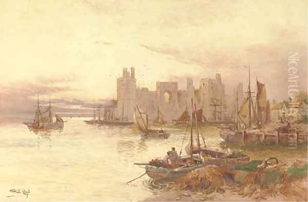 Carnaervon Castle from across the water Oil Painting by Walker Stuart Lloyd