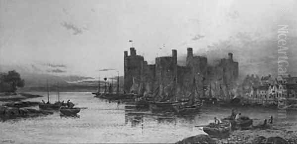 Fishing Vessels moored before Caenarfon Castle, Wales Oil Painting by Walker Stuart Lloyd