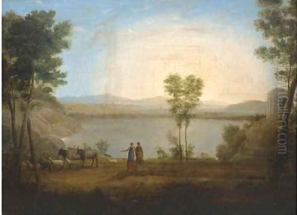 A classical landscape with a shepherd and shepherdess by a lake Oil Painting by Hendrik Frans van Lint (Studio Lo)