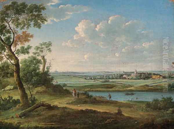 An extensive river landscape with a horseman on a path, a church and town beyond Oil Painting by Hendrik Frans van Lint (Studio Lo)