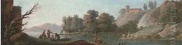 A river landscape with fishermen and washerwomen Oil Painting by Hendrik Frans van Lint (Studio Lo)