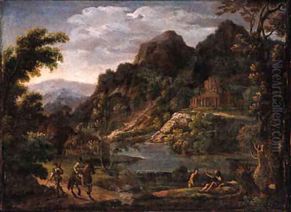 Sportsmen on a track near a waterfall, a castle beyond, in an Italianate landscape Oil Painting by Hendrik Frans van Lint (Studio Lo)