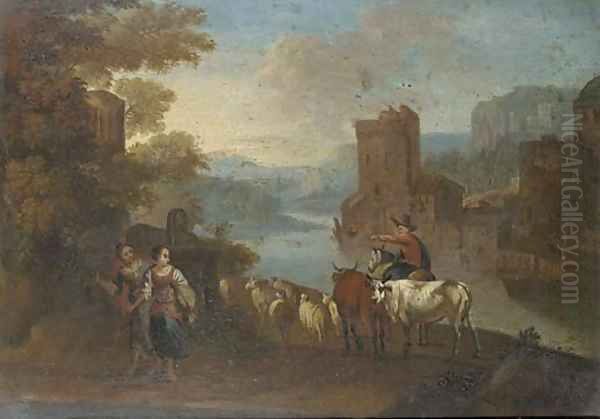 An Italianate river landscape with shepherdesses and a herdsmen, a town beyond Oil Painting by Hendrik Frans van Lint (Studio Lo)