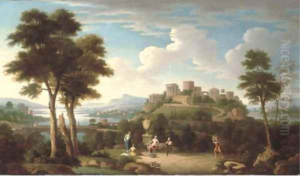 An Italiante landscape with elegant figures by a sculpted urn and a lady crossing a bridge with classical buildings beyond Oil Painting by Hendrik Frans van Lint (Studio Lo)