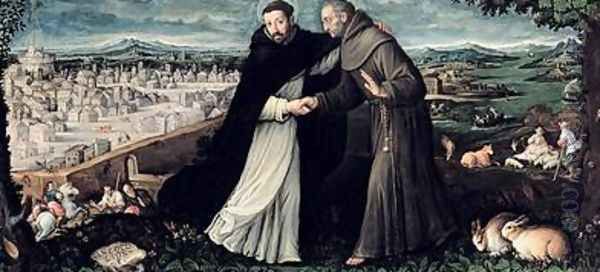 The meeting of St Francis of Assisi and St Dominic in Rome Oil Painting by Angiola Leone