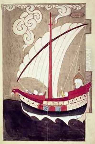 Noah Sailing in his Ark from Zubdat al Tavarikh completed after 1583 Oil Painting by Ashur Luqman-i