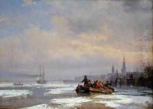 Ship in Ice 1854 Oil Painting by Egidius Linnig