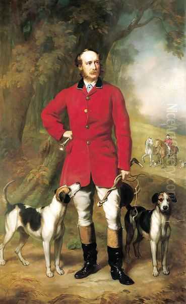 Portrait of the Hon. Ralph Nevill, full-length, in red jacket and riding britches, holding a crop in his left hand and horn in his right Oil Painting by John Lucas