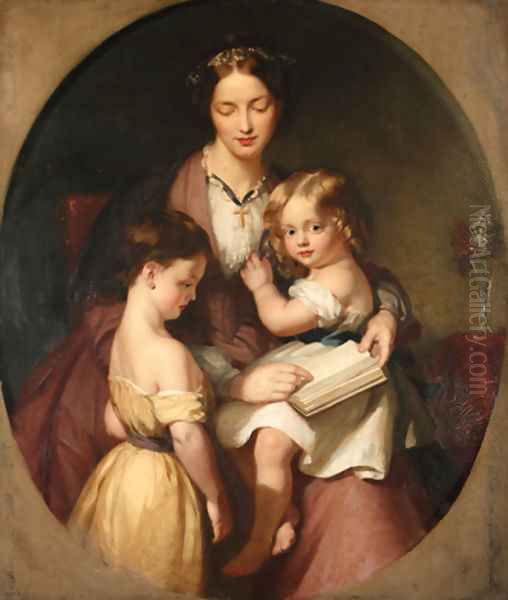 Group portrait of Mrs John Lucas and her two eldest sons, three-quarter-length, the former, seated, in a pink dress and black shawl, holding a book Oil Painting by John Lucas