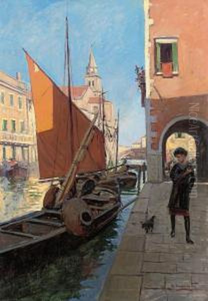 A Stroll Along A Venetian Backwater Oil Painting by Gaetano Esposito