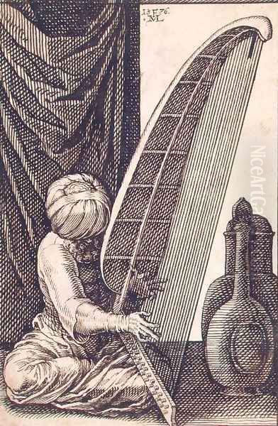 Turk Playing a Harp Oil Painting by Melchior Lorck