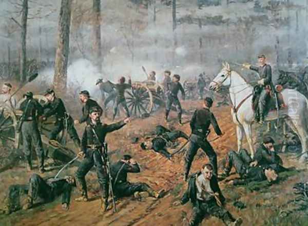 Captain Hickenloopers battery in the Hornets Nest at the Battle of Shiloh April 1862 Oil Painting by T. C. Lindsay