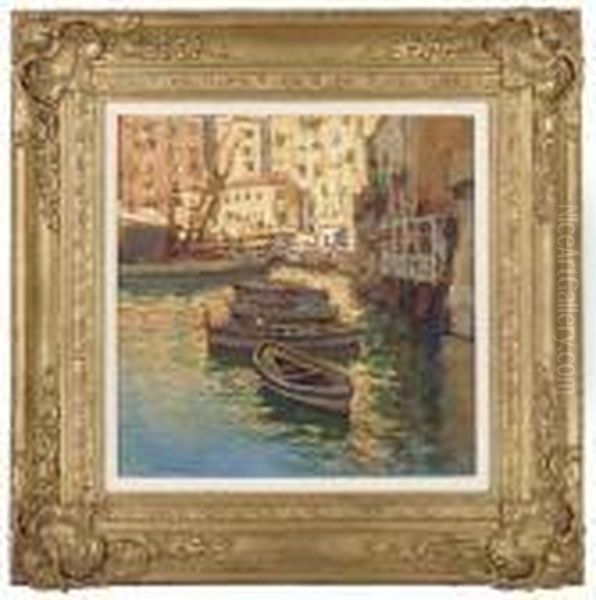 Fishing Vessels Moored At An Italian Town Oil Painting by Gaetano Esposito