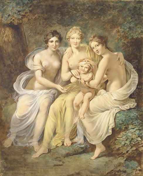 The Three Graces holding Cupid drawing a bow Oil Painting by Etienne-Charles Leguay