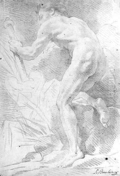 A nude seen from behind holding a staff Oil Painting by A. Lebrun