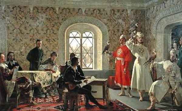 The Italian Ambassador Calvuci drawing the falcons of Tsar Alexei Mikhailovich 1629-76 Oil Painting by Alexander Dimitrievitch Litovtchenko