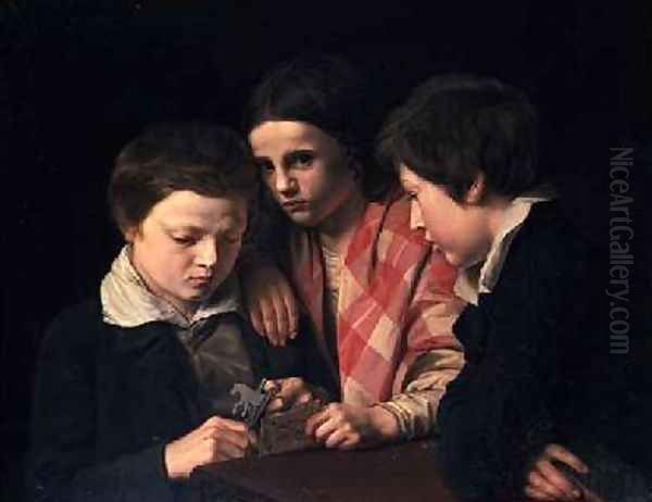 Portrait of the Artists Three Children Playing at a Table 1841 Oil Painting by Anders Lundqvist