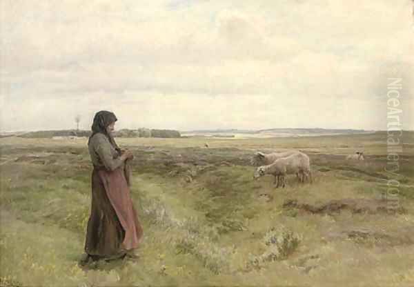 A shepherdess knitting Oil Painting by Knud Larsen