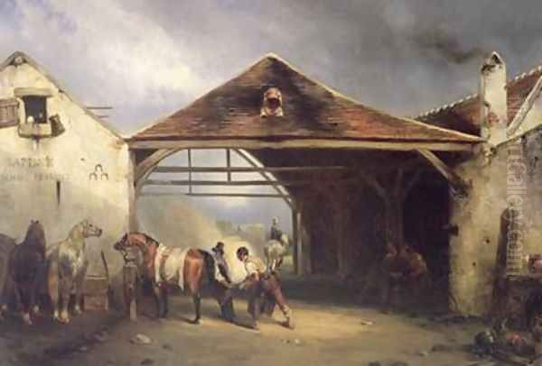 A Farrier shoeing a Horse Oil Painting by Francois-Emile de Lansac