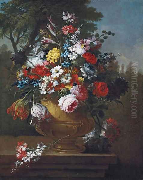 Roses, tulips, carnations, chrysanthemums and other flowers in a classical urn, on a ledge Oil Painting by Gasparo Lopez