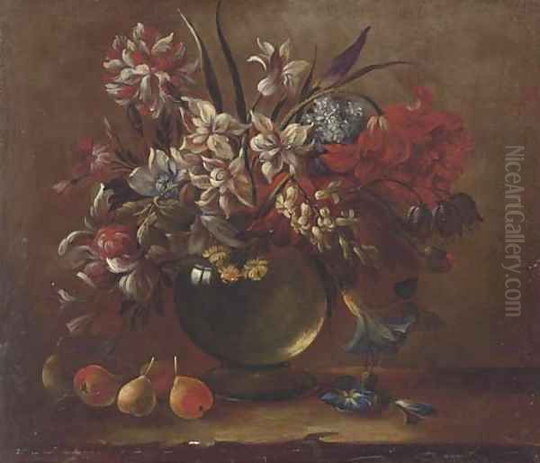 Tulips, carnations, convolvulus, narcissi and other flowers in a glass vase on a ledge with pears Oil Painting by Gasparo Lopez