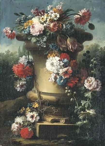 Narcissi, tulips, chrysanthemums, roses and other flowers in a stone urn with hollyhocks, a wooded landscape beyond Oil Painting by Gasparo Lopez