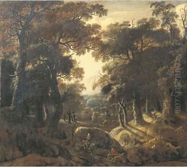 A wooded landscape at dawn with a stag hunt Oil Painting by Jan Looten