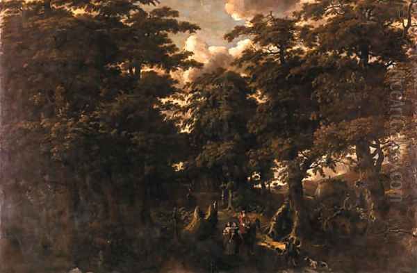 An elegant gentleman on horseback with two lady companions on a path in a wood Oil Painting by Jan Looten