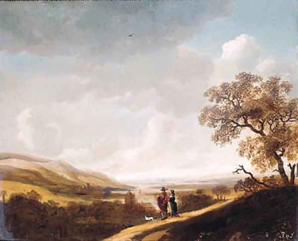 An elegant couple standing above a valley Oil Painting by Jan Looten