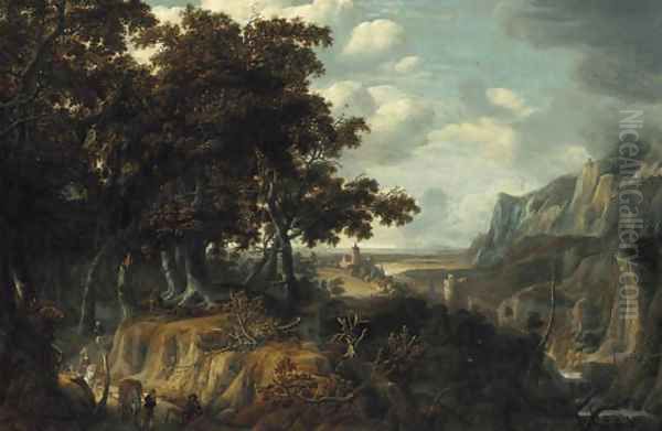 A wooded landscape with sportsmen returning from the hunt, a castle in a gorge beyond Oil Painting by Jan Looten