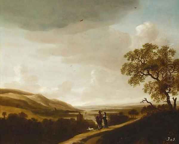 An extensive river landscape with an elegant couple halted on a track Oil Painting by Jan Looten