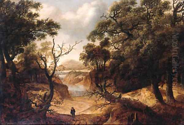 A traveller on a path in a wood, a waterfall beyond Oil Painting by Jan Looten