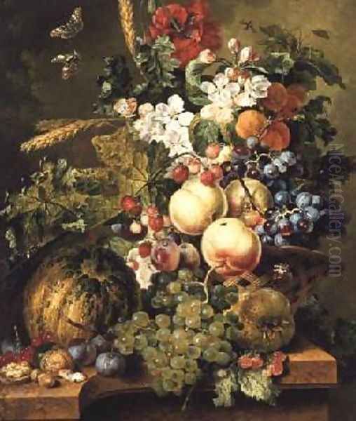 Fruit and Flowers on a Marble Ledge 1812 2 Oil Painting by Johannes or Jacobus Linthorst