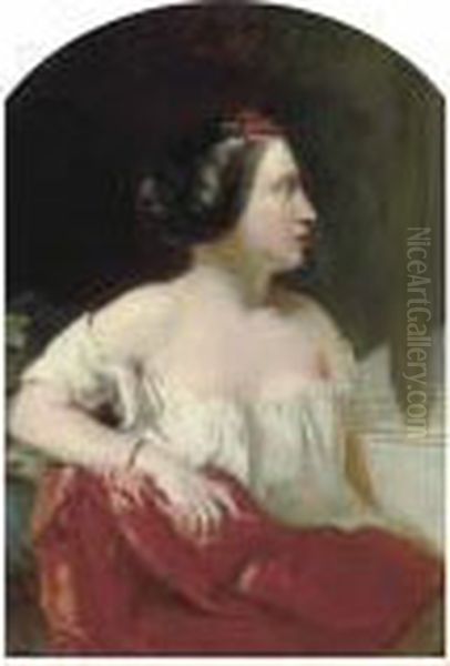 Portrait Of A Lady, Seated Half-length, In A White Dress With A Red Wrap Oil Painting by William Etty