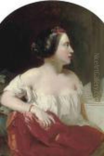 Portrait Of A Lady, Seated Half-length, In A White Dress With A Redwrap Oil Painting by William Etty