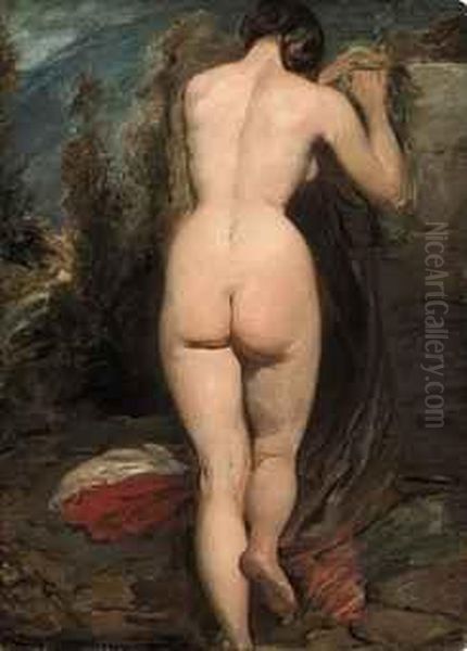 Female Nude, Seen From Behind, Leaning On A Rock Oil Painting by William Etty