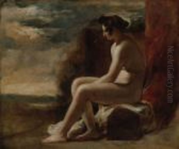 A Seated Female Nude In A Landscape Oil Painting by William Etty