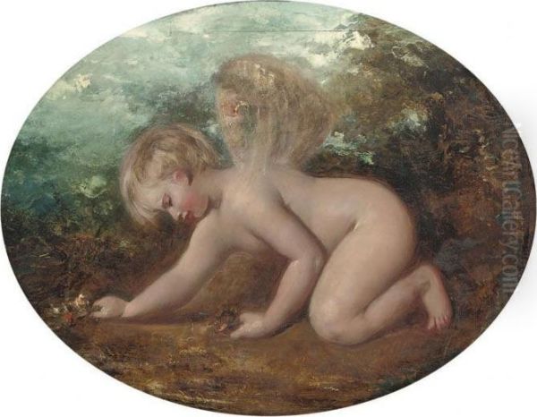 A Putto Collecting Flowers, In An Oval Mount Oil Painting by William Etty