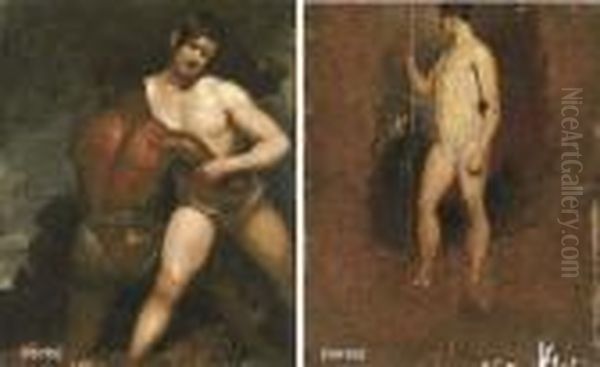 The Wrestlers (recto); And A Study Of A Man With A Staff (verso) Oil Painting by William Etty