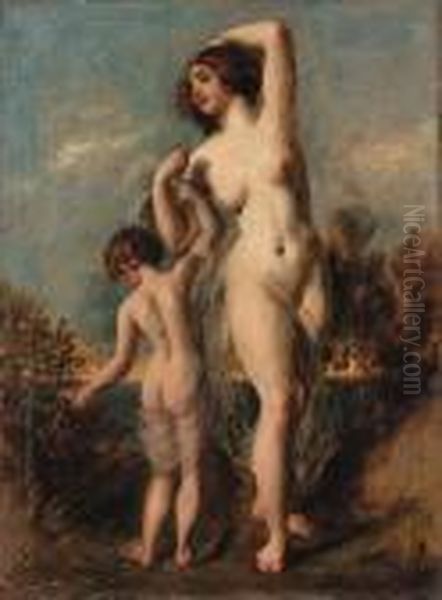 A Woman And Child In A Lake Landscape Oil Painting by William Etty