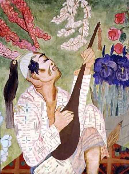 Japanese Man Playing a Lute Oil Painting by Nadezhda Vladimirovna Lermontova