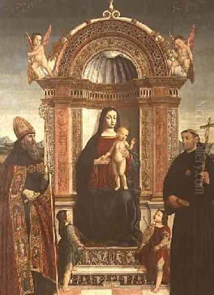 Madonna and Child with St Nicholas of Tolentino and St Augustine Oil Painting by Bernardino Loschi