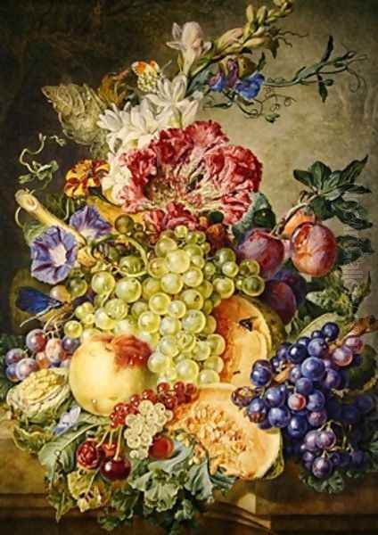 Still life with fruit and flowers Oil Painting by Gerrit Van Leeuwen