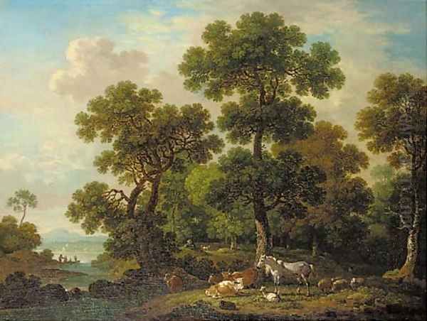 A wooded landscape with a shepherd watching over cattle, sheep, and a horse by a river Oil Painting by Simon Mathurin Lantara